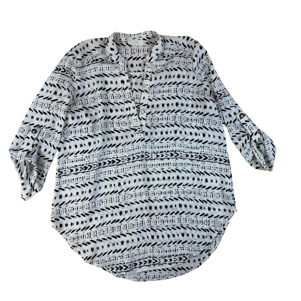 Lush Small Tunic Boho Geometric Print Roll Tab Sleeve Blouse